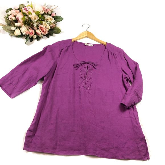 EILEEN FISHER Beaded Purple Linen Top M - Picture 1 of 10